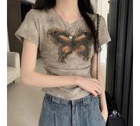 T-shirt da donna con scollo a V e stampa con farfalle tie-dye, taglie S-XL, top a maniche corte, design vintage alla moda per vacanze estive e abbigliamento casual quotidiano (L kaki)