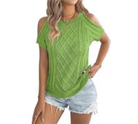 T-Shirt da Donna con Scollo Rotondo Elegante Pullover Lavorato a Maglia con Spalle Scoperte for Abiti Estivi Casual Tinta Unita Girocollo Manica Corta Top Donna Moda(Green,S)