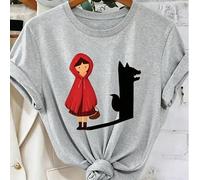 T-shirt da donna con silhouette di Cappuccetto Rosso e Lupo - Top a maniche corte con scollo rotondo e motivo fiabesco (motivo Cappuccetto Rosso), T-shirt a maniche corte con scollo rotondo a tinta un