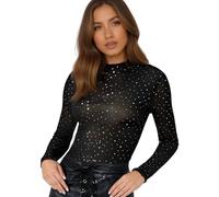 T-shirt da donna elegante e alla moda a maniche lunghe con strass, Le Noir, M