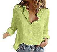 T-Shirt da Donna Elegante Estiva Camicia da Donna Casual in Lino Tinta Unita con Scollo a V a Maniche Lunghe Camicia con Risvolto Ampio Camicia Comoda Leggera alla Moda