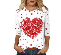 T-shirt da donna girocollo con maniche a 3/4 T-shirt alla moda T-shirt con grafica a cuore innamorato Top Camicette casual primaverili Camicette larghe Pullover per uscire, bianco, XL