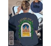 T-shirt da donna in cotone 100% con motivo a lettere ricamate, stampa di un castello illuminato dalla luna, nuova collezione di abbigliamento sportivo da donna in stile college, primavera/estate, a co