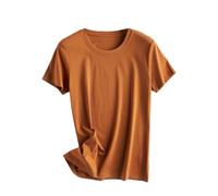 T-shirt da donna in cotone con scollo a V a maniche corte allentate in tinta unita setosa, O-collo marrone, L