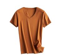 T-shirt da donna in cotone con scollo a V a maniche corte allentate in tinta unita setosa, Scollo a V marrone, L