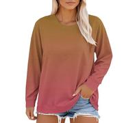 T-shirt da donna in cotone estivo, scollo rotondo, sciolto, a maniche lunghe, con top chic, motivo camicetta vintage, maglietta autunnale, taglie forti classiche, marrone, XL