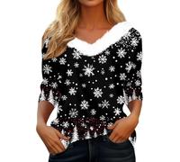 T-shirt da donna in pile natalizio con scollo a V alla moda elfo stampato camicie a tunica vintage lettera a maniche lunghe maglietta classica Y2k femminile Streetwear, Nero , S