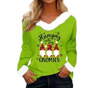 T-shirt da donna in pile natalizio con scollo a V Y2k elfo stampato pullover vintage natalizio a maniche lunghe tunica camicie larghe alla moda da donna, Verde, S