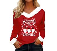 T-shirt da donna in pile natalizio con scollo a V Y2k elfo stampato pullover vintage natalizio a maniche lunghe tunica camicie larghe alla moda da donna, Rosso, S
