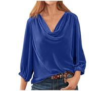 T-shirt da donna in velluto, casual, maniche a 3/4, camicia solida, scollo a cascata, drappeggio, fronte arruffato, camicette a maniche lunghe, top donna, Blu, M
