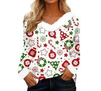 T-shirt da donna Natale autunno elfo maglietta a maniche lunghe divertente lettera stampata in pile scollo a V camicetta vintage all'aperto ragazze Streetwear, bianco, 3XL