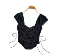 T-shirt da donna, oversize con stampa con scollo a V, spalle scoperte e volant, top con cravatta frontale, per vacanze estive, spiaggia, yoga, per tempo libero (taglia unica, nero)