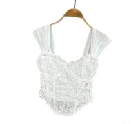 T-shirt da donna, oversize con stampa con scollo a V, spalle scoperte e volant, top con laccio frontale, per vacanze estive, spiaggia, yoga, per il tempo libero (taglia unica, bianco)