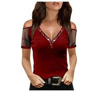 T-shirt da donna UK moda camicetta spalla fredda viaggio sciolto top activewear tees leggero abbigliamento estivo vendita liquidazione, vino, M