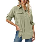 T-shirt da donna UK traspirante oversize a maniche lunghe camicia a tunica comfor asciugatura rapida con bottoni UV protezione da trekking camicia da pesca da donna camicetta lunga con tasca sul petto