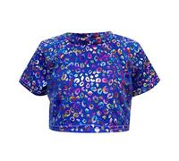 T-shirt da ragazza con stampa leopardata lucida e metallica, a maniche corte e sagomata, per danza Jazz e Hip Hop, ideale per l'uso quotidiano, performance, festival, feste, taglie 2-16 anni, Blu, 12