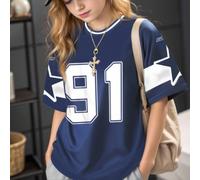 T-shirt da ragazza pre-adolescente dal look casual chic e energico, con stampa del numero 91 e righe a stella, collo rotondo, maniche corte, stile sportivo, adatta per l'estate 8Y,9Y,10Y,11Y,12YLetter