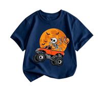 T-shirt da ragazzo con stampa grafica verde oliva con mostro arancione e | Maglietta a maniche corte con scollo rotondo con un giocoso mostro illustrato che cavalca in un veicolo fuoristrada sul