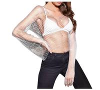 T-shirt Da Spiaggia Top Corto Maglia Unico Ornato Con Cristalli E Strass Manica Lunga Stile Di Pesca Camicetta