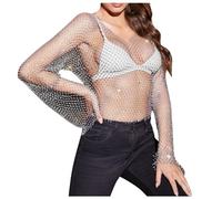 T-shirt Da Spiaggia Top Corto Maglia Unico Ornato Con Cristalli E Strass Manica Lunga Stile Di Pesca Camicetta