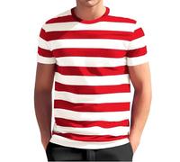 T-shirt da uomo a maniche corte a righe girocollo - casual slim fit retro top, morbido tessuto di cotone per estate e uso quotidiano, Rosso anguria, L