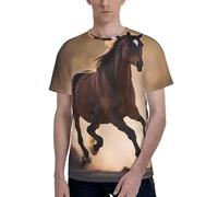 T-shirt da uomo a maniche corte con stampa di cavalli che corrono, elegante, casual, estiva, varie occasioni, Nero , M