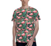 T-shirt da uomo a maniche corte con stampa di fenicottero rosa e piante grasse, girocollo, elegante, casual, estiva, varie occasioni da indossare, Nero , XXL