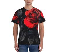 T-shirt da uomo a maniche corte con stampa di foglie rosse e foglie nere, comoda, per palestra, uso quotidiano, anti-umidità, Nero , S