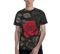 T-shirt da uomo a maniche corte con stampa di foglie rosse e foglie nere, elegante, casual, estiva, varie occasioni, Nero , L