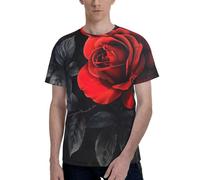T-shirt da uomo a maniche corte con stampa di foglie rosse e foglie nere, elegante, casual, estiva, varie occasioni, Nero , M