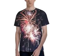 T-shirt da uomo a maniche corte con stampa di fuochi d'artificio esplosione, girocollo, elegante, casual, estiva, varie occasioni, Nero , L