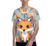 T-shirt da uomo a maniche corte con stampa di volpe e fiori di animale carino elegante girocollo ufficio occasione atletica abbigliamento quotidiano, Nero , L