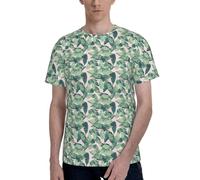 T-shirt da uomo a maniche corte girocollo con stampa di palme verdi e foglie rosa, elegante, casual, estiva, varie occasioni da indossare, Nero , XL