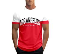 T-shirt da uomo a maniche corte girocollo stile colore blocco con stampa nome di città tessuto morbido e confortevole per il quotidiano primavera estate, rosso, XXL