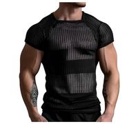 T Shirt da uomo a maniche corte muscolari trasparente, maglietta sportiva Sparkle & Shine, camicia a collo rotondo, da corsa, da uomo, in rete trasparente, per palestra, allenamento, allenamento, Nero