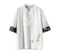 T-shirt da uomo Camicie estive Camicia tradizionale in stile cinese Kung Fu Tai Chi Abbigliamento da allenamento ricamato Top a maniche corte per uomo Tangzhuang cinese tradizionale, bianco, M