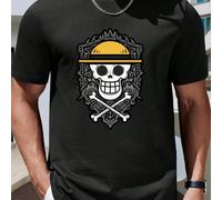 T-shirt da uomo con logo One Piece, t-shirt casual da uomo in puro cotone con scollo rotondo e maniche corte da 220 g/m² (1 pezzo) Maglietta da uomo a maniche corte con scollo tondo, casual, stampata,