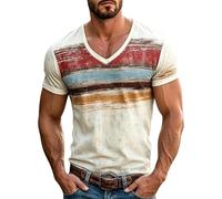 T-shirt da uomo con scollo a V, a maniche corte, casual, a righe, classica, aderente, estiva, leggera, comoda, Beige, M