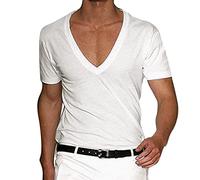 T-shirt da uomo con scollo a V profondo e grande, in misto cotone, a maniche corte, vestibilità aderente, casual, vestibilità bassa, comoda e leggera, adatta per l'uso quotidiano, gite nel fine