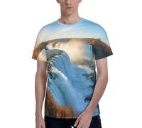 T-shirt da uomo con stampa tramonto sul campo del fiume Islanda, comode magliette da uomo, per l'uso quotidiano e occasioni speciali, Nero , 3XL