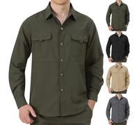 T-shirt da uomo con tasca da pesca, maglietta tattica a maniche lunghe, ad asciugatura rapida, leggera, con bottoni, da lavoro, safari, Camicie Khaki Con Doppie Tasche, L