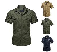 T-shirt da uomo con tasca in chambray western, camicia cargo a maniche corte con bottoni a quadri con perle e risvolto a scatto per lavoro, Z01-Blu, XL