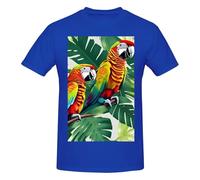 T-shirt da uomo in cotone con scollo rotondo con stampa tropicale con foglie di pappagallo - T-shirt grafica a maniche corte - Stile quotidiano nero, Blu, 4XL