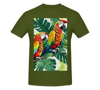 T-shirt da uomo in cotone con scollo rotondo con stampa tropicale con foglie di pappagallo - T-shirt grafica a maniche corte - Stile quotidiano nero, Verde muschio, 5XL