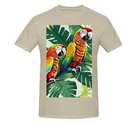 T-shirt da uomo in cotone con scollo rotondo con stampa tropicale con foglie di pappagallo - T-shirt grafica a maniche corte - Stile quotidiano nero, Naturale, 3XL