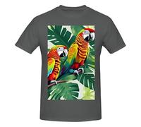 T-shirt da uomo in cotone con scollo rotondo con stampa tropicale con foglie di pappagallo - T-shirt grafica a maniche corte - Stile quotidiano nero, Rosa violaceo scuro, 3XL