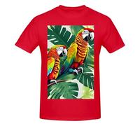 T-shirt da uomo in cotone con scollo rotondo con stampa tropicale con foglie di pappagallo - T-shirt grafica a maniche corte - Stile quotidiano nero, Rosso, 6XL