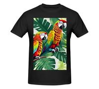 T-shirt da uomo in cotone con scollo rotondo con stampa tropicale con foglie di pappagallo - T-shirt grafica a maniche corte - Stile quotidiano nero, Nero , 4XL