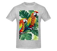 T-shirt da uomo in cotone con scollo rotondo con stampa tropicale con foglie di pappagallo - T-shirt grafica a maniche corte - Stile quotidiano nero, grigio, XL