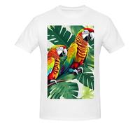 T-shirt da uomo in cotone con scollo rotondo con stampa tropicale con foglie di pappagallo - T-shirt grafica a maniche corte - Stile quotidiano nero, bianco, M